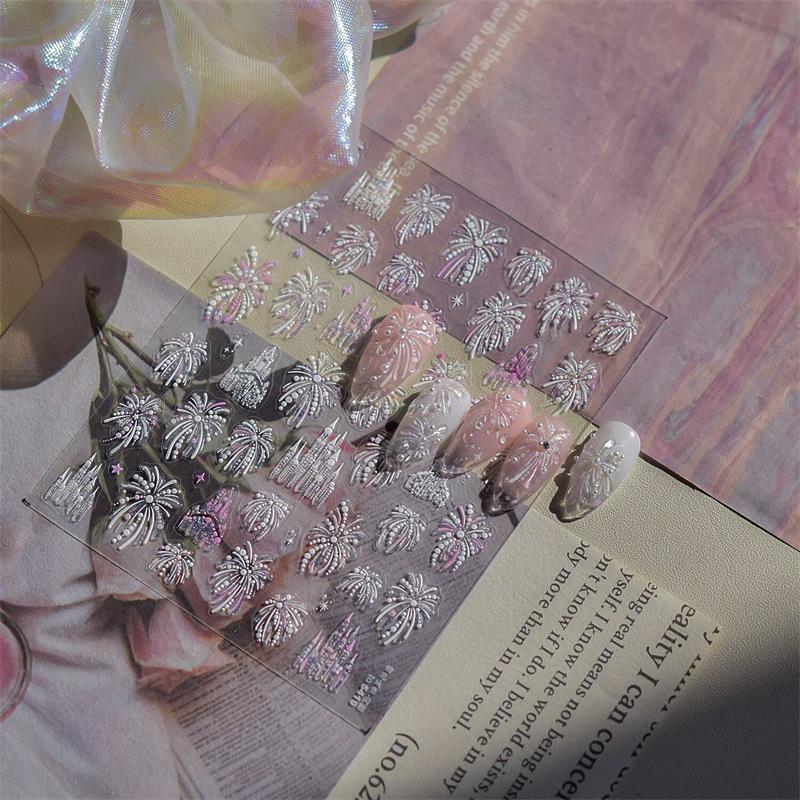 Pretty Colourful Firework Castle Shiny Romantic Pyrotechnics Embossment Self Adhesive Nail Art Stickers New Year Manicure Decals