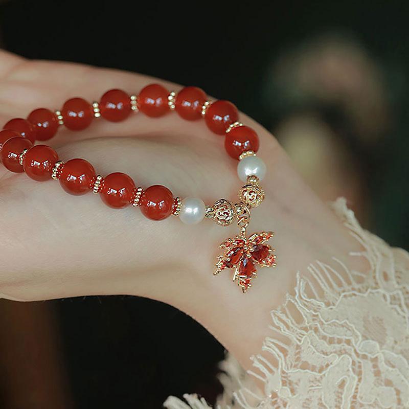 Chinese Style Beaded Bracelet For Women Girls Light Luxury Maple Leaves Pendant Bracelet Jewelry Accessories Gift