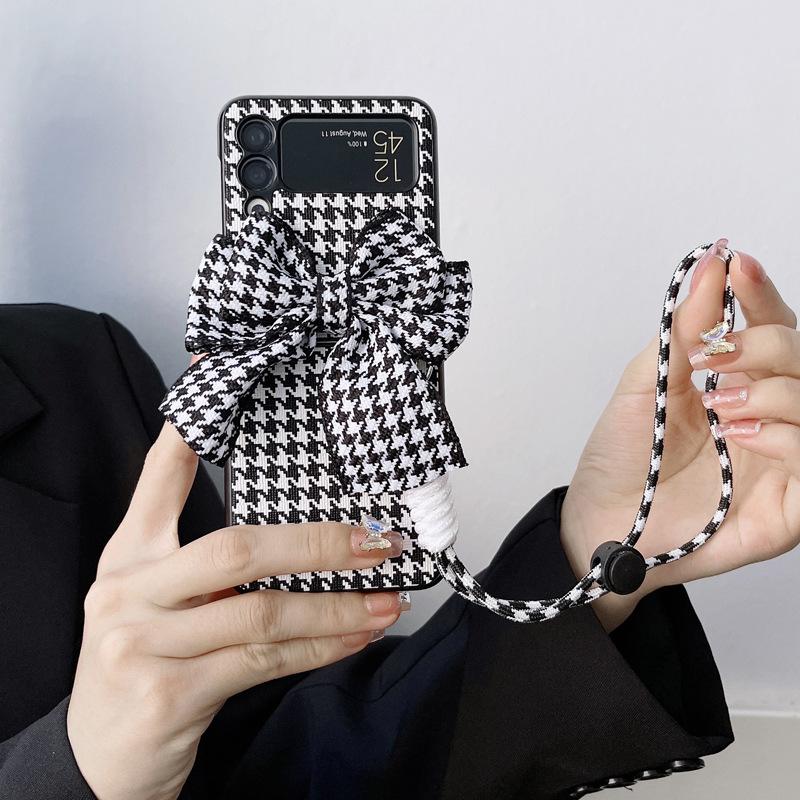 Houndstooth Bow -Knot Case For Samsung Galaxy Z Flip 4 5g 2022 New Fold Leather Phone Cover Anti -Knock Cases For Flip3 Flip 3