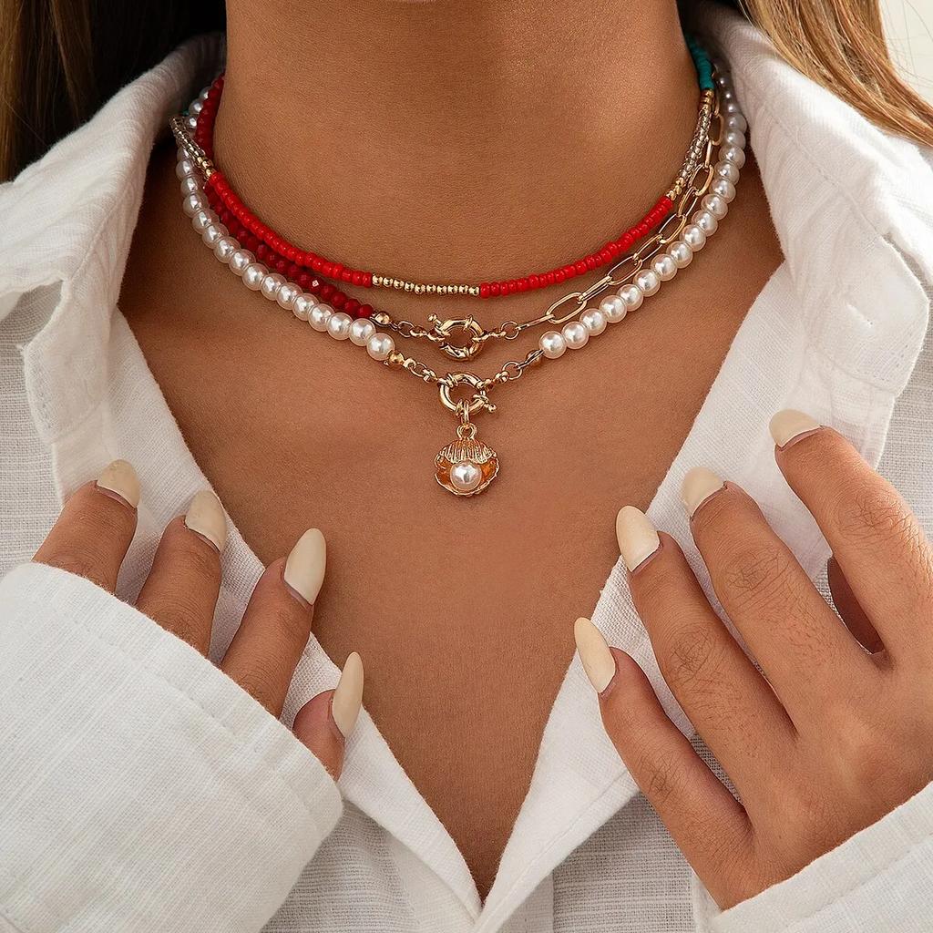 Boho Imitation-Pearl Colorful Seed Bead Chain Necklace for Women Summer Scallop OT Buckle Pendant Choker Jewelry Y2K Accessories