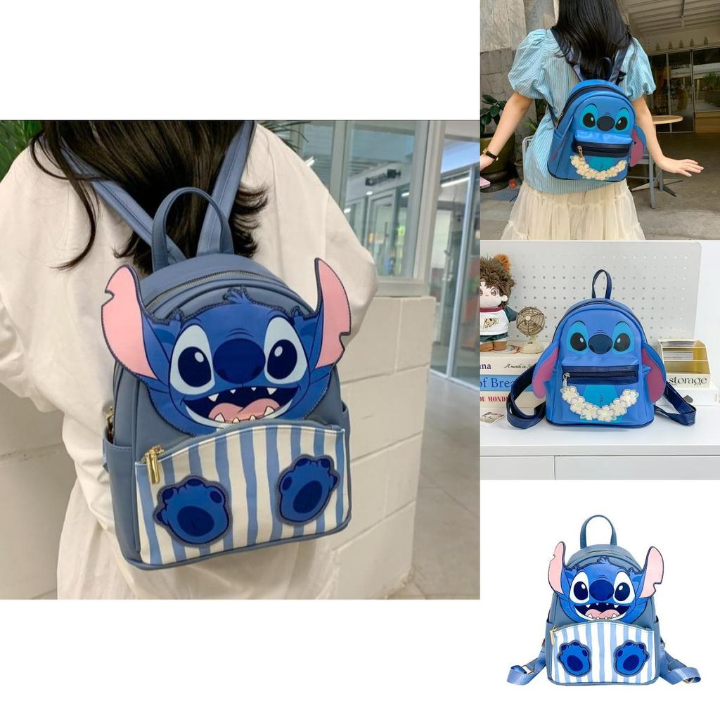 Lilo Stitch Blue Monster Printed Pu School Bag With Inner Card Pocket For Teens