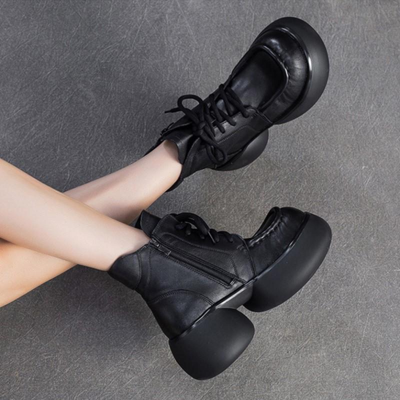 Johnature Botines cortos de felpa de estilo británico retro de cuero genuino con suela gruesa, zapatos de plataforma versátiles para mujer