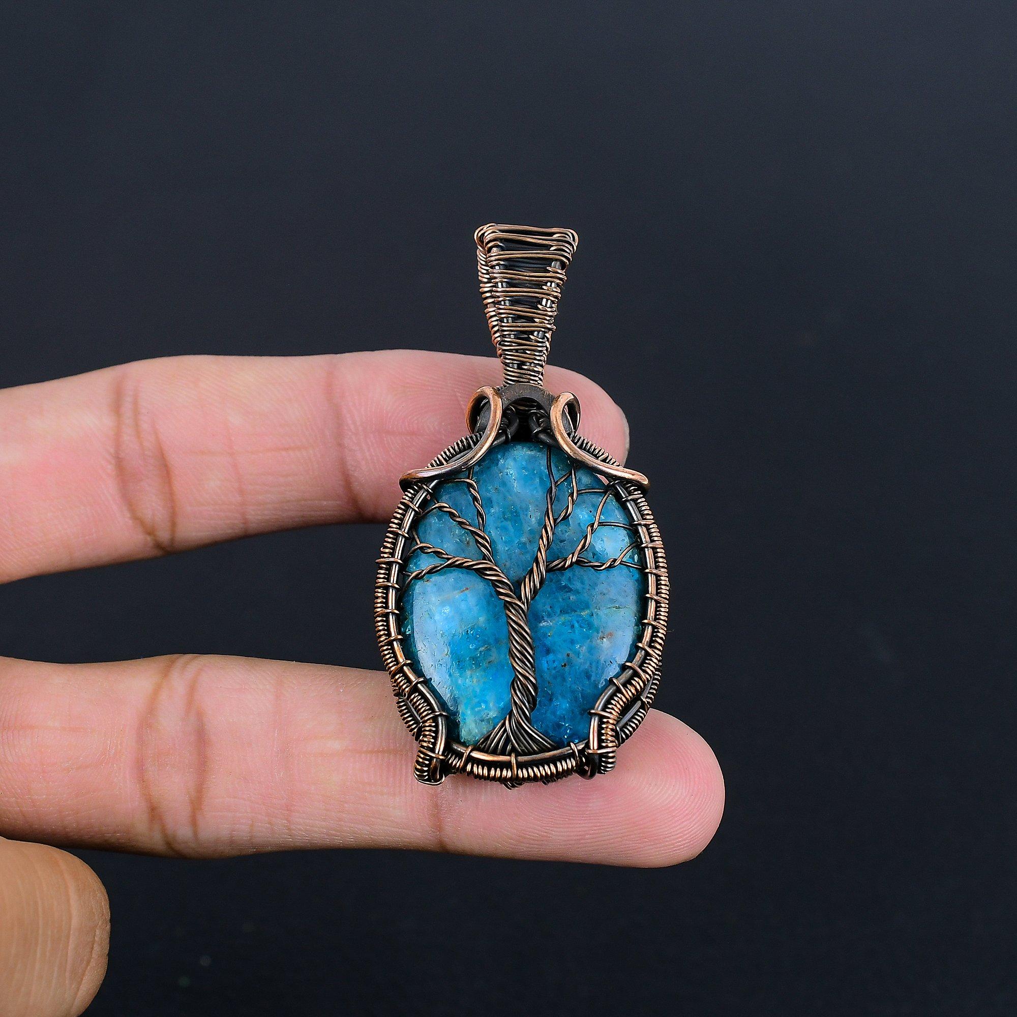 

Neon Blue Apatite Gemstone Pendant 999 Copper Wire Wrapped Jewelry, Handmade Antique Pendant Jewelry, Gift For Mother 2.57 Inches