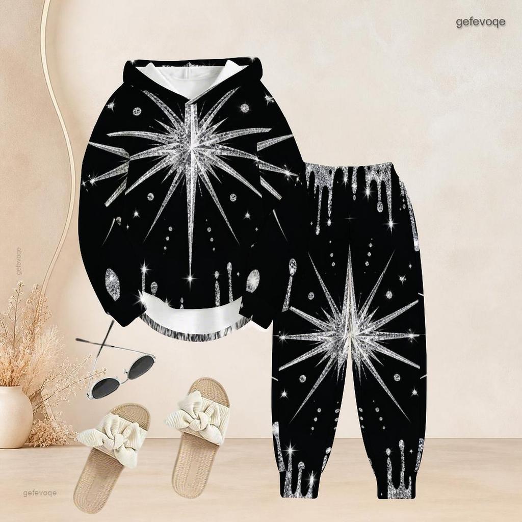Women Plus Size Gem Heart Printed Two Piece Set Long Sleeve Hooded Top Cuffed Pants