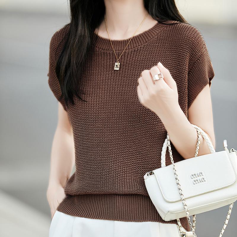 

Women s Summer Tencel Knit Ruffle Sleeve Top – Round Neck, Solid Color, Versatile & Casual. Medium