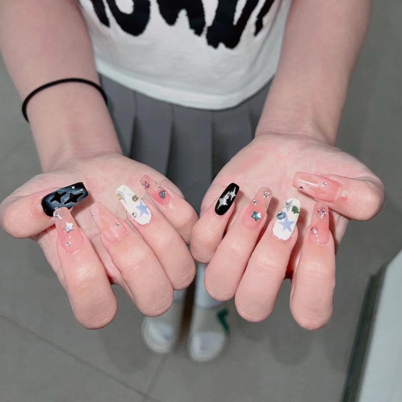 Summer Star Diamond Medium Long Handmade Wearable Nails – Sweet & Cool False Nail Patches