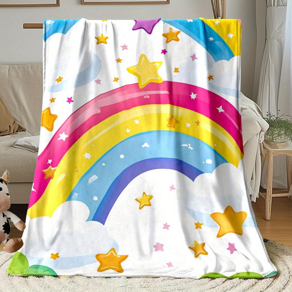 1pc Rainbow Stars & Clouds Fleece Blanket - Lightweight All-Season Soft Warm Throw with Pastel Rainbow, Fluffy Clouds & Colorful