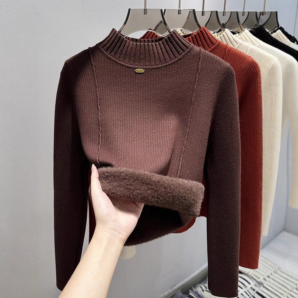 Integrated fleece fabric, fleece thickened sweater women's semi-turtleneck bottoming shirt with new autumn and winter knitted sweater inside