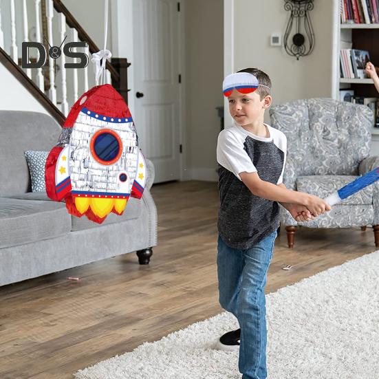 Pull String Rocket Ship Pinata Rocket Pinatas with Blindfold Bat Stick Confetti for Kids Space Themed Birthday Party Supplies