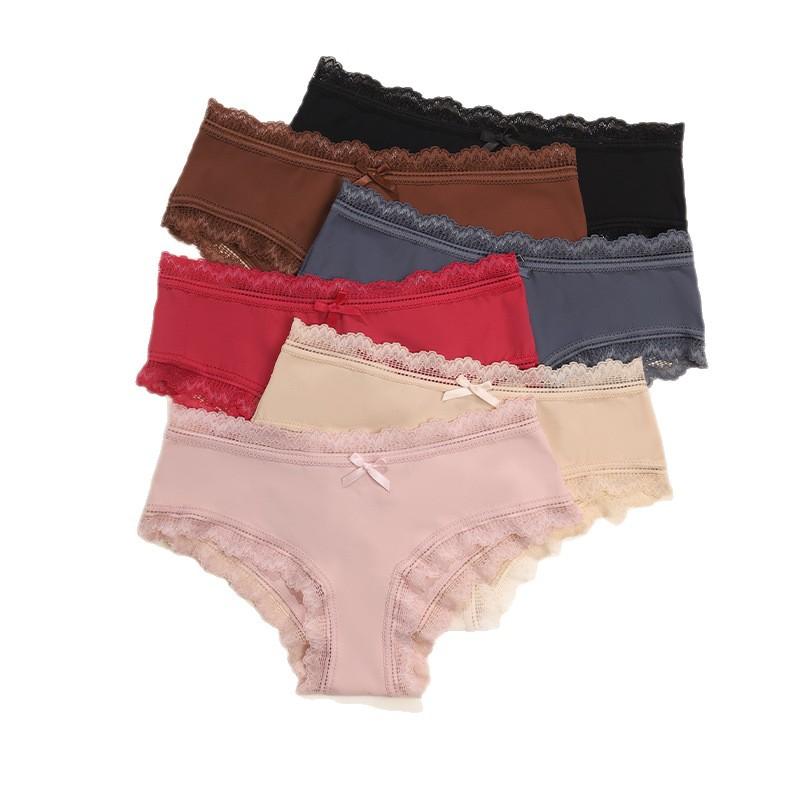 Women’s Seamless Briefs: Bow-Adorned, Antibacterial, Pure Cotton Gusset, Mid-Waist, Lace Thong Briefs for Women