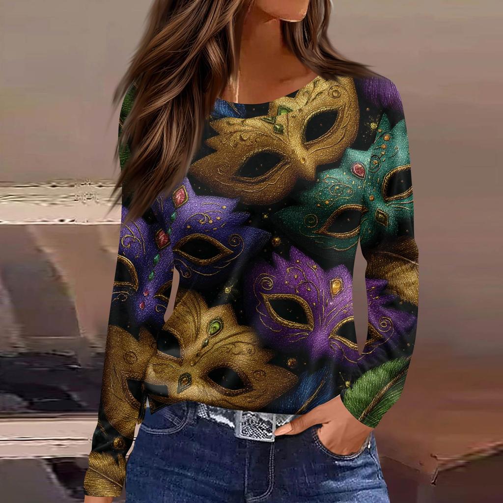 Women's Fashionable Casual Neck Long Sleeve Hem Split Carnival Print T-Shirt Top