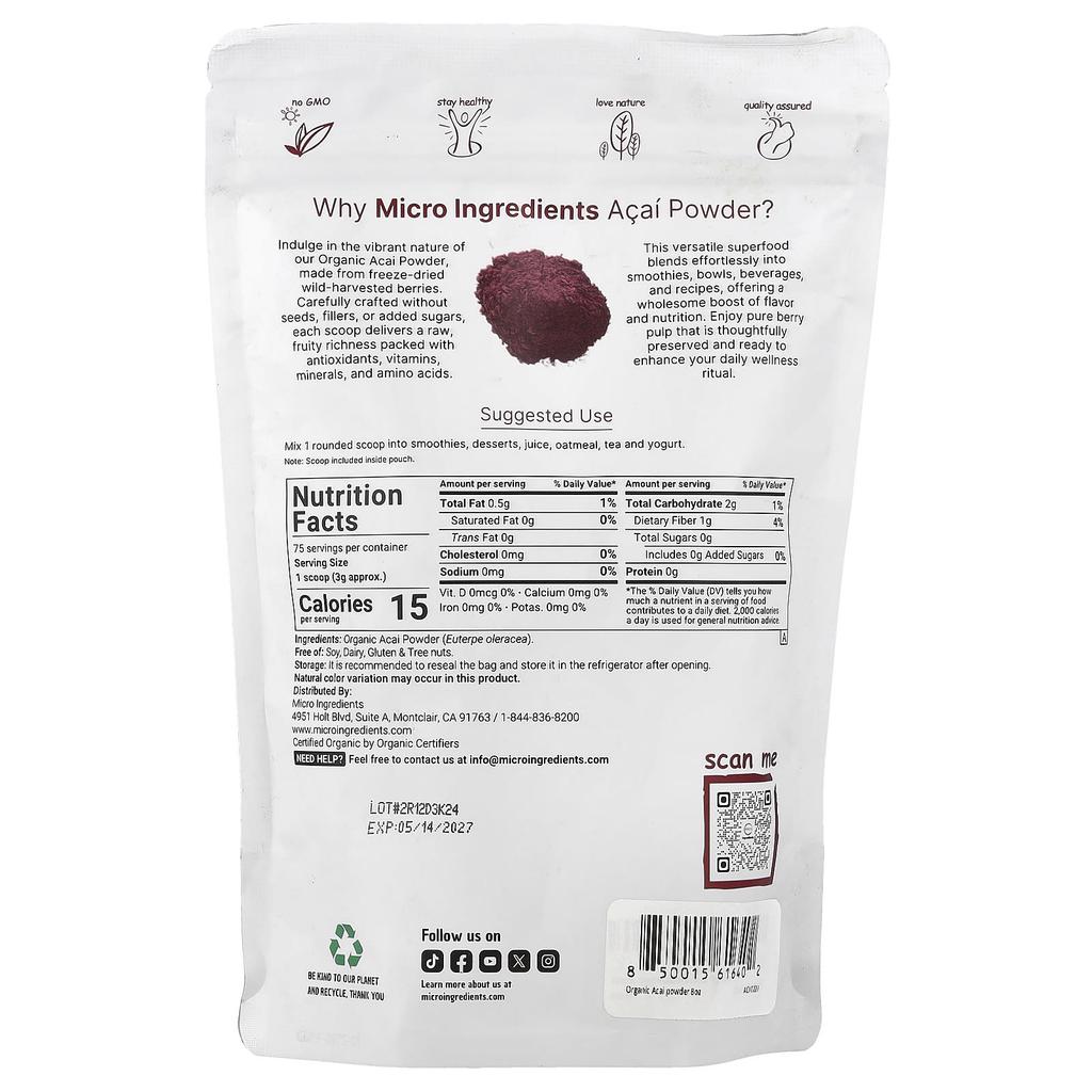 Micro Ingredients, Organic Acai Powder, Freeze-Dried, 8 oz (227 g)