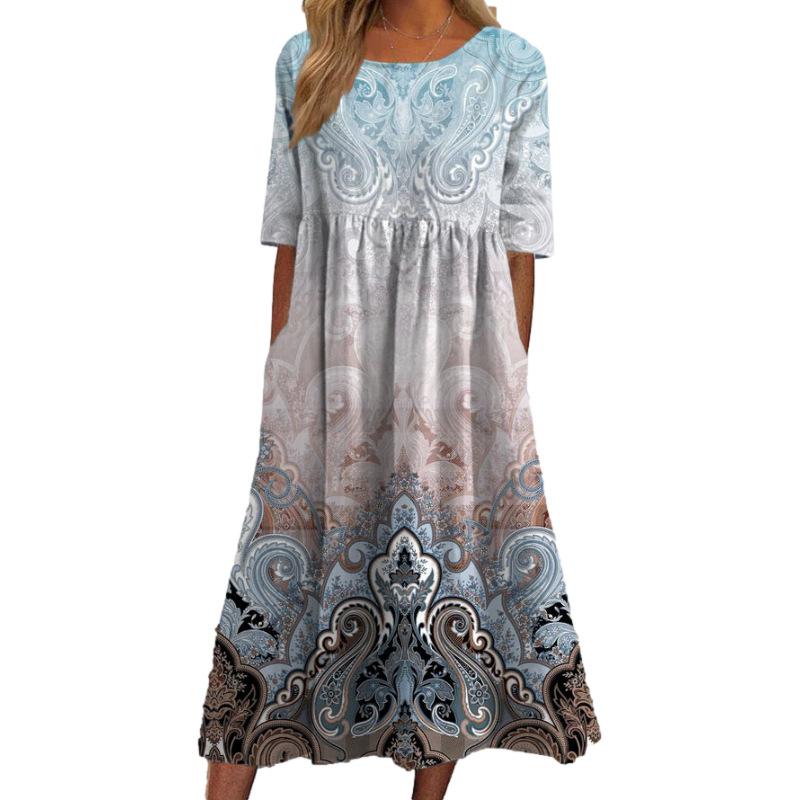 

Women s Floral Round Neck Midi Dress with Mid-Length Sleeves, Casual Summer Dress with Relaxed Fit XXXL