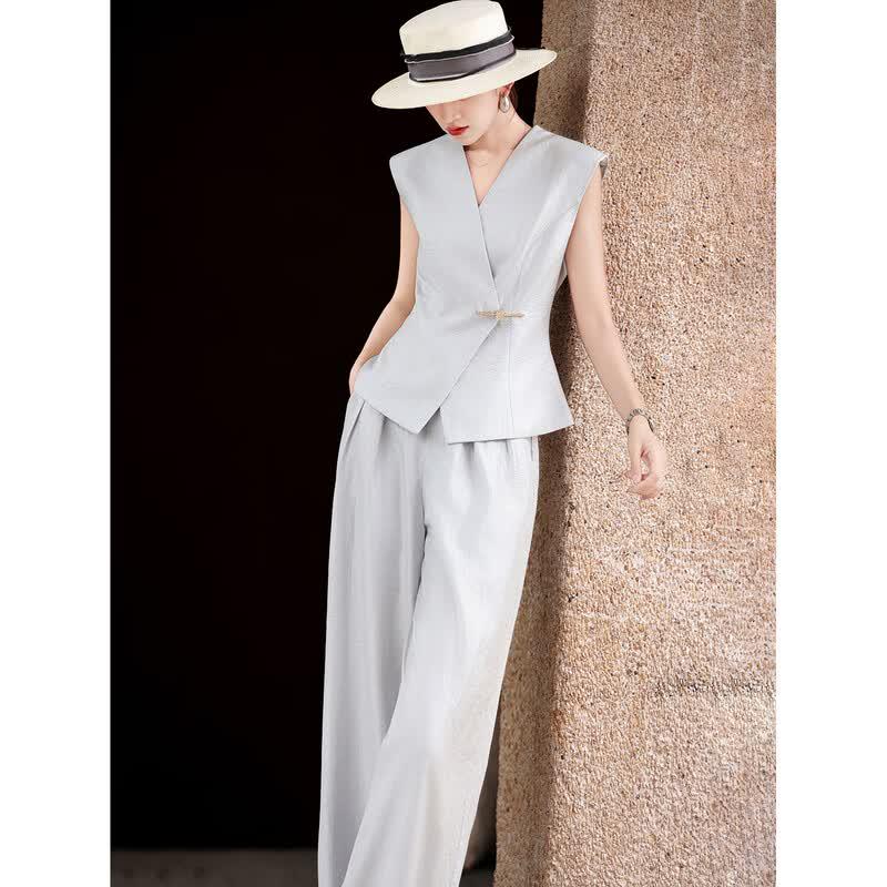 Elegant V-Neck Sleeveless Vest & Wide-Leg Pants Set XL