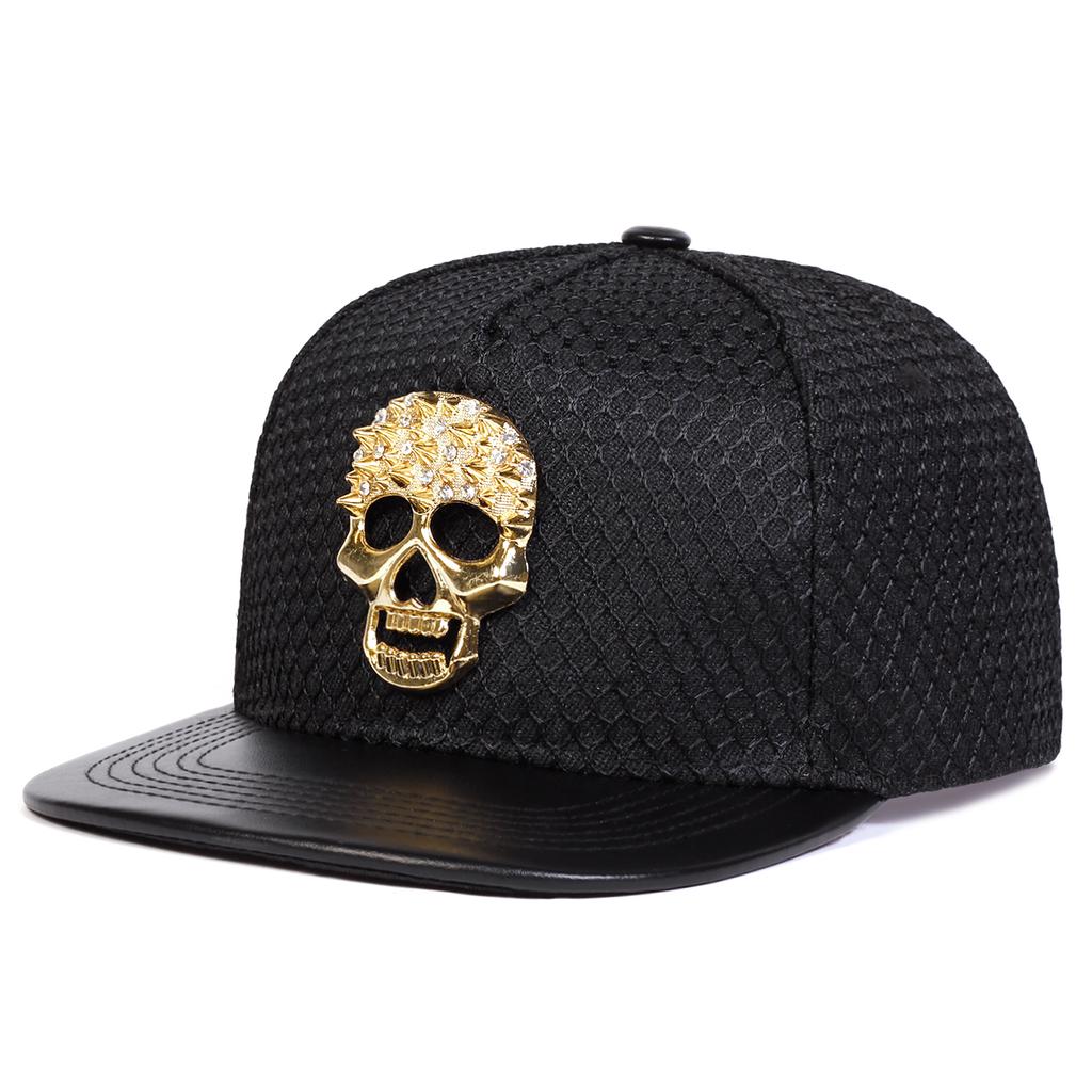 Unisex Metal Skull Decoration Adjustable Flat Top Baseball Hat Mesh Snapback Caps Spring Summer Outdoor Leisure Hats Travel Accessories for Women Men