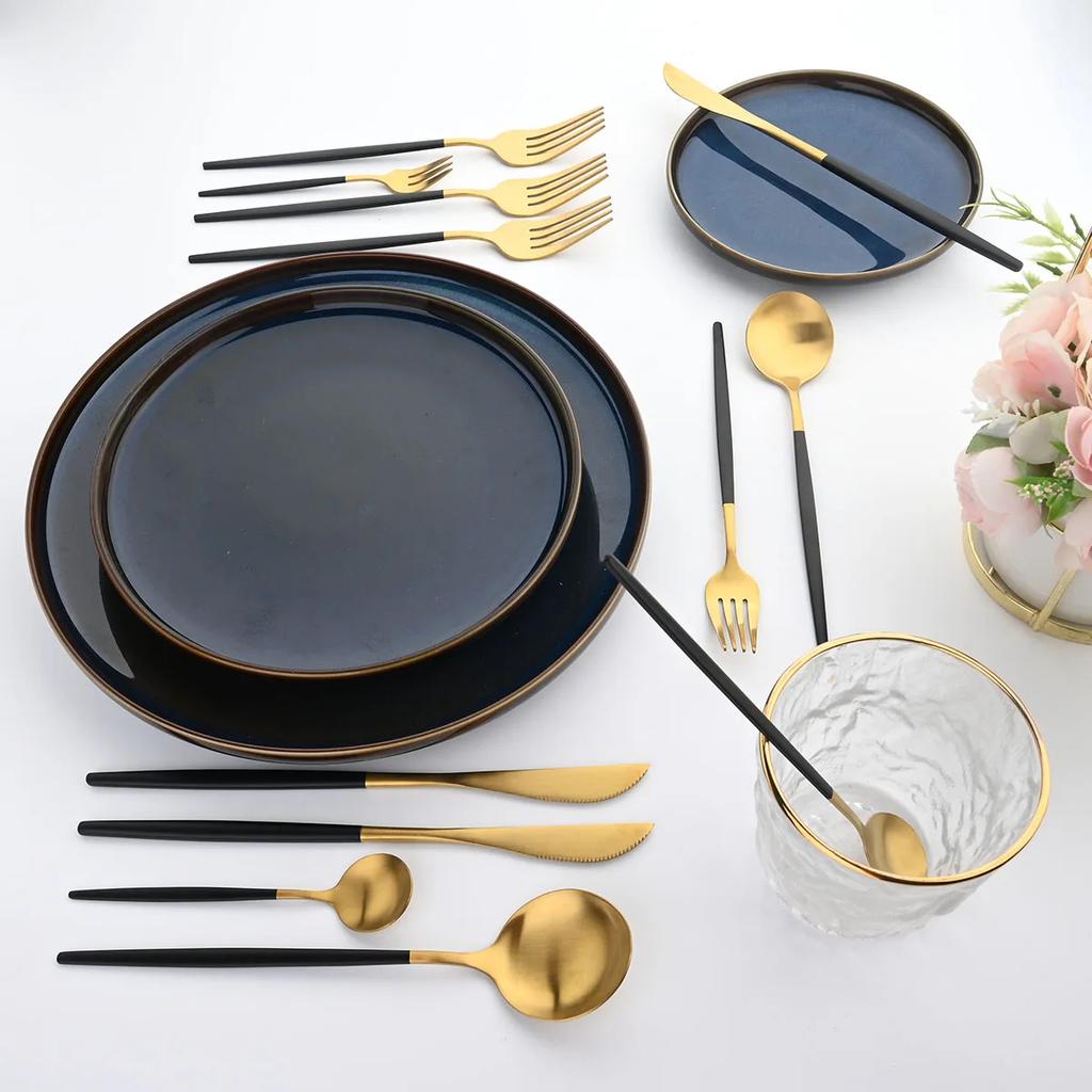 30Pcs Dinnerware Set Matte Gold Cutlery Set Stainless Steel Flatware Cake Fruit Fork Kitchen Knife Fork Spoon Tableware Set