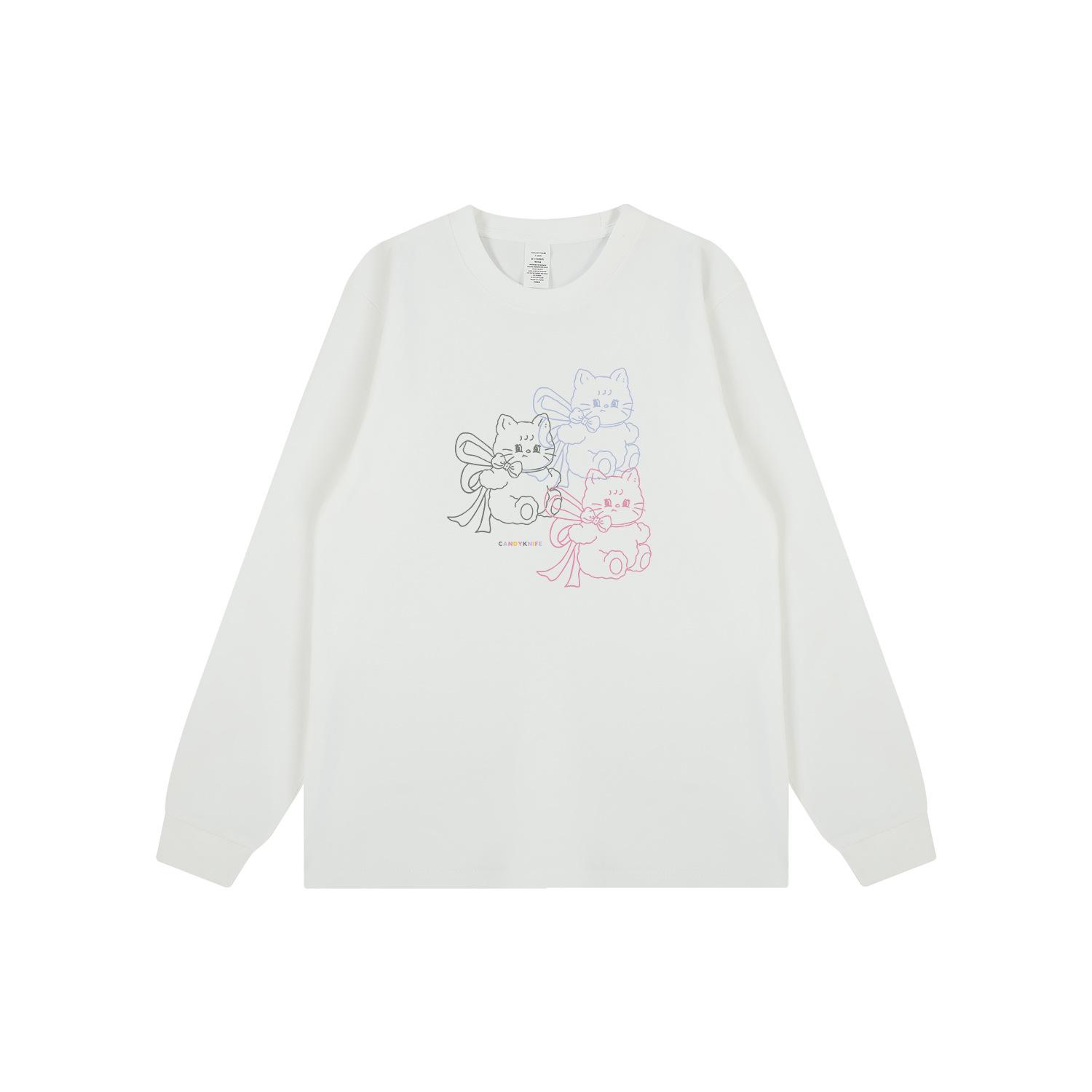 

Модная корейская хлопковая футболка с длинным рукавом и принтом кота из мультфильма, 2024 Triple Extra Large