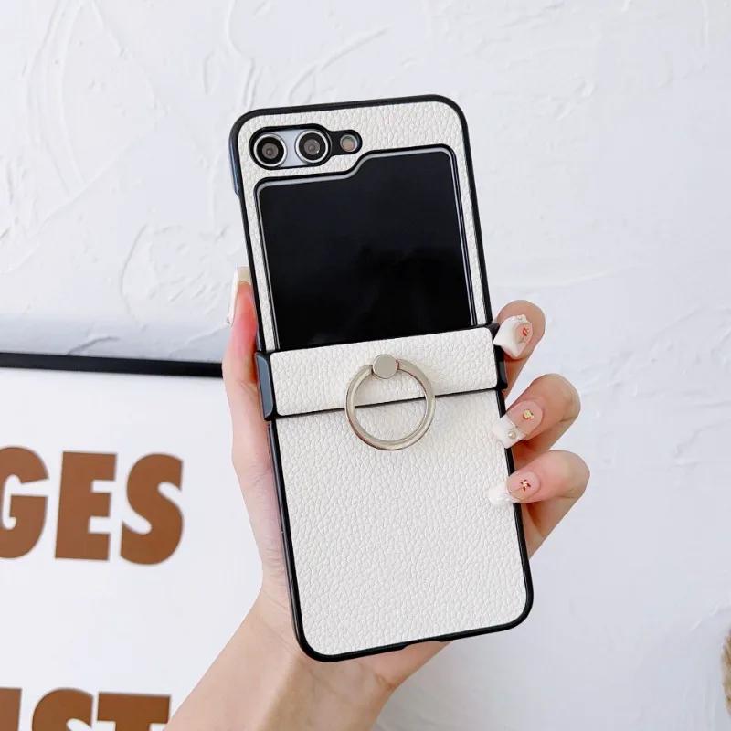 Litchi Patterned Leather Phone Case for Samsung Galaxy Z Flip 6 5 4 3 Flip6 Flip5 Flip4 Flip3 5G Ring Holder Shockproof Cover