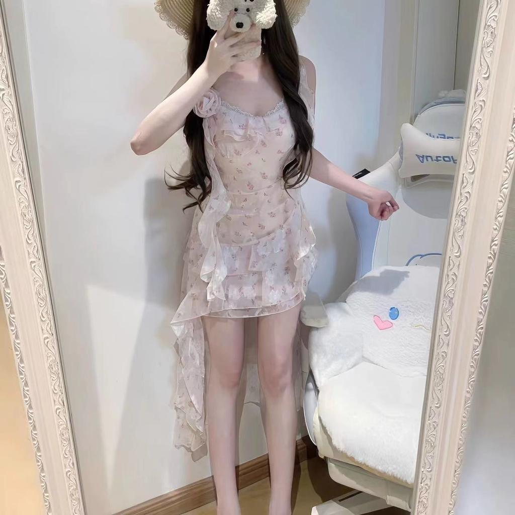 Pure desire sweet short skirt spring and summer waist thin design sense lace splicing irregular floral suspender dress women