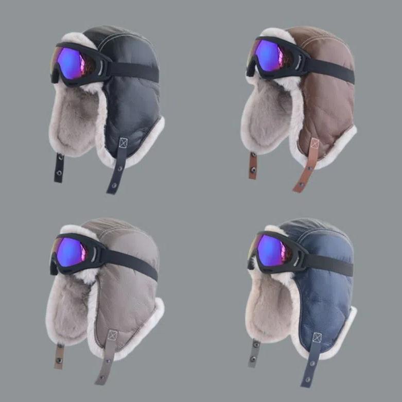 Warm Kids Plush Pilot Hat PU Leather Ski Cap with Glasses Windproof   Winter