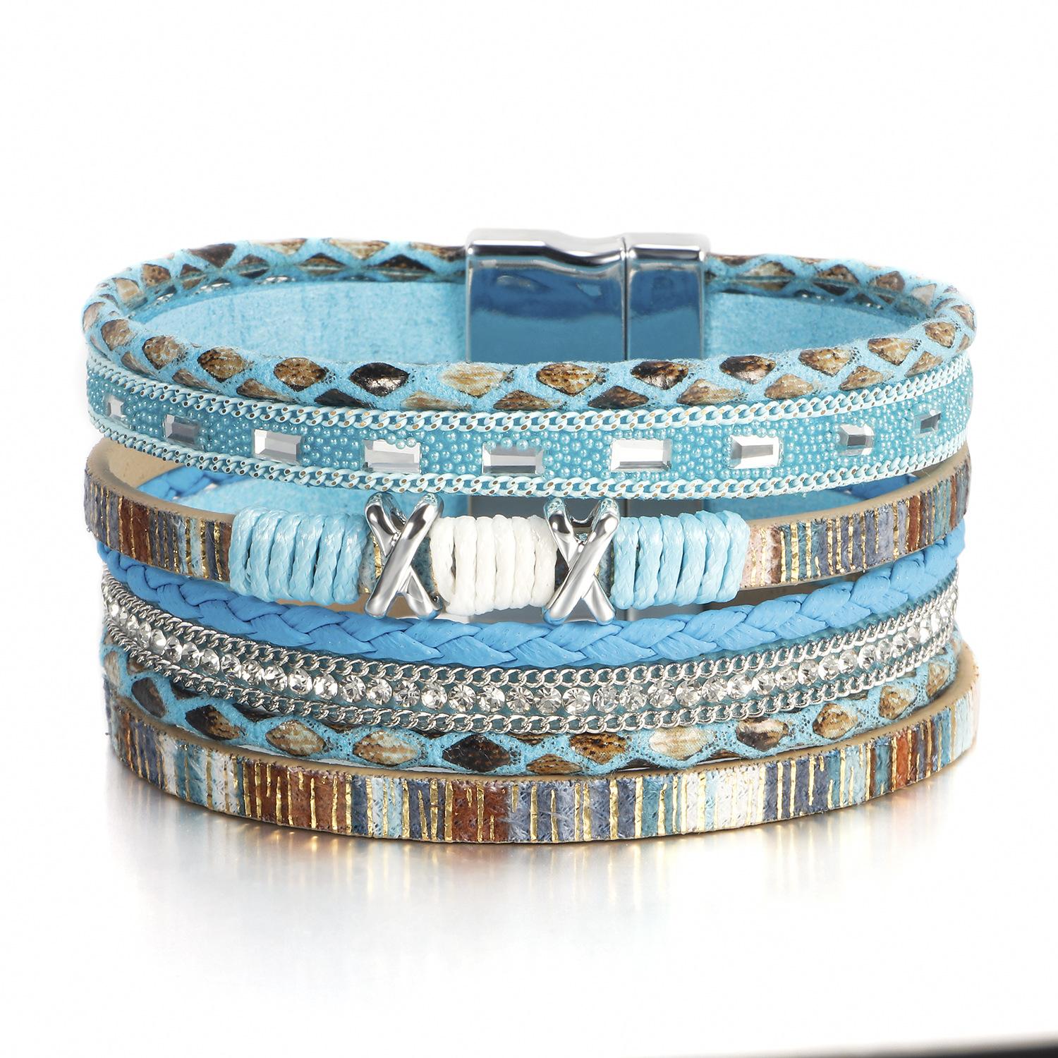 

Богемные плетеные кожаные браслеты для женщин, ювелирные изделия ручной работы светло-синий