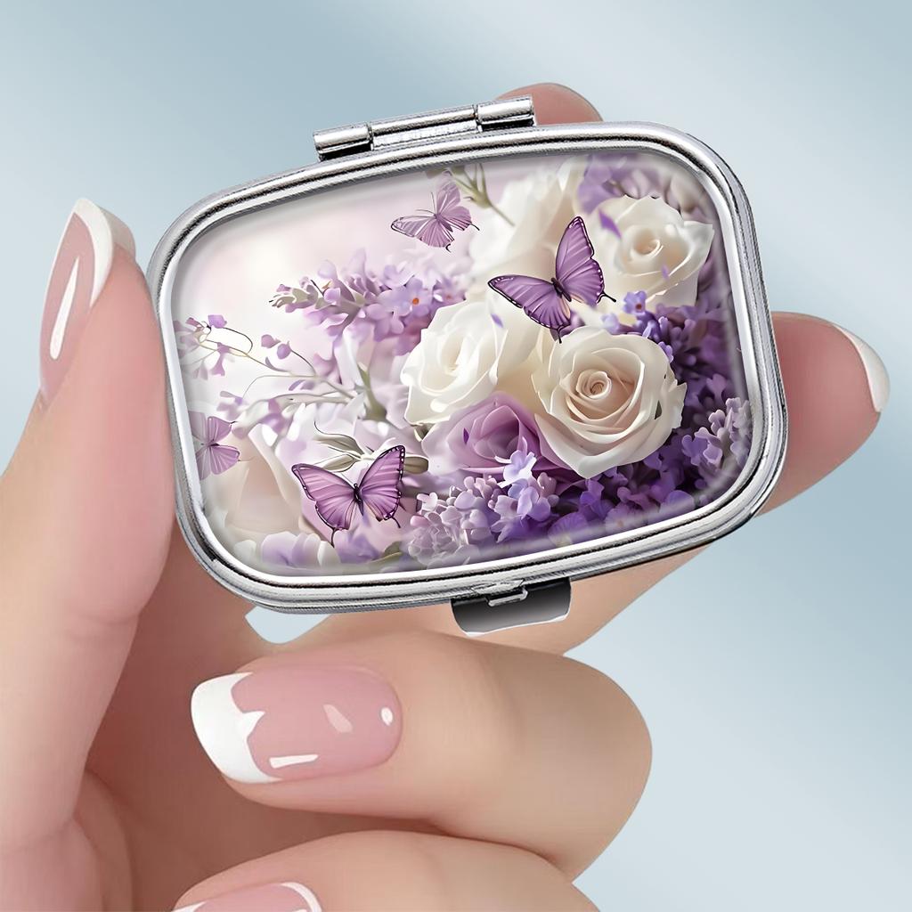 Portapillole Portatile con 2 Scomparti, Mini Custodia Organizer in Metallo per Medicine, Carino Contenitore Stampato per Pillole, Vitamine, Gioielli, Viaggio, Uso Quotidiano