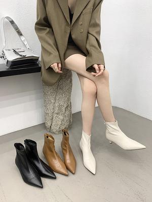 Mode Spitzschuh Damen Stiefeletten Schwarz Braun Beige Reißverschluss hinten Dünne Mittelhohe Absätze Socken Botas Stretch Stiefel Frau Mode Größe 35-39