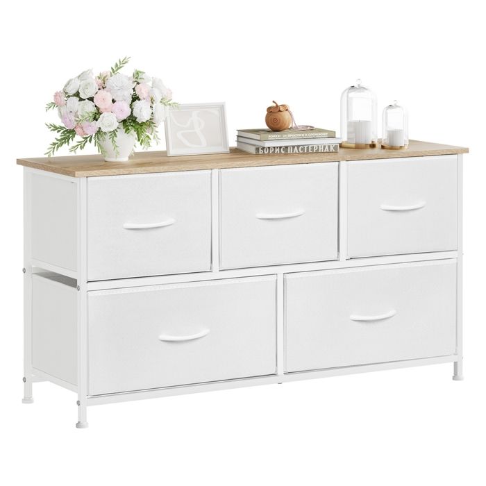WOLTU Bedroom Chest of Drawers - 5-Drawer Fabric Cabinet - Engineered Wood and Metal - White W0ITT5025