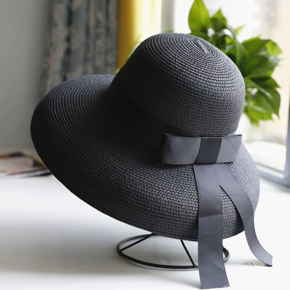 Vintage Breathable Straw Hat Large Brim Black Ribbon Sunshade Hat UV Protection Sun Hat Women