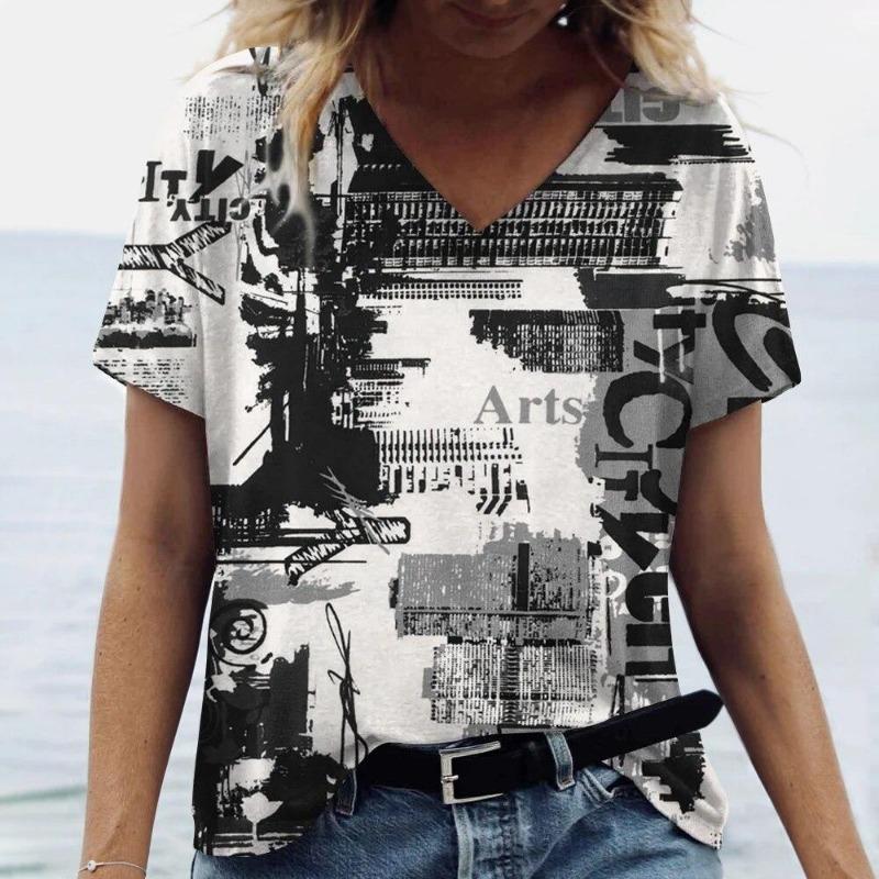 New Newspaper 3D Print T-Shirts Women Casual Fashion Streetwear Short Sleeve V-Neck