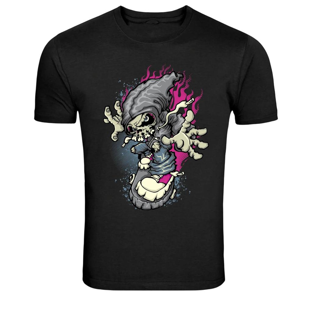 Skull Biker Skeleton Rider Cartoon Graphic T-Shirt