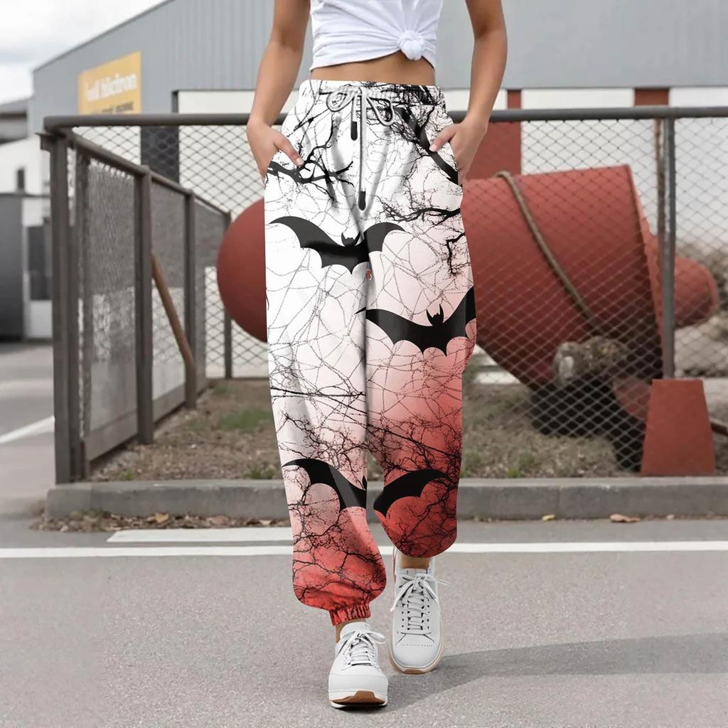 Pantalon de survêtement décontracté à imprimé Halloween pour femme, pantalon de loisirs, taille élastique avec cordon de serrage, pantalon à cordon de serrage