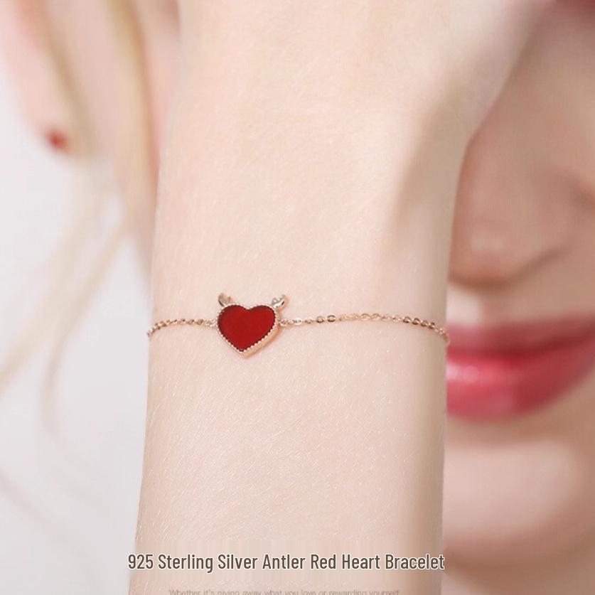 Women's Heart Antler Red Agate Bracelet - 925 Silver, Fresh Christmas Birthday Gift