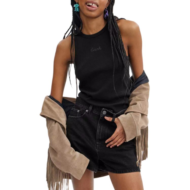 Coach Ss24 Solid Color Letter Round Neck Pullover Ribbed Knit Vest Women Tops Black CS609-BLK