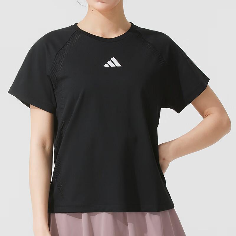 Adidas Sports Training Comfortable Breathable Striped Raglan Short Sleeve T-Shirt Women Tops Black JE6200