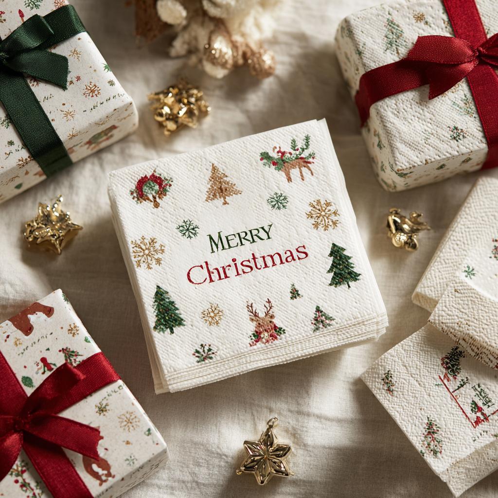 2026 Printed Christmas Customizable Disposable Modern Style Environment-Friendly Wood Pulp Square Napkins for Party Use бежевый