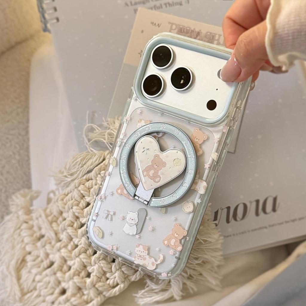 Cute Bear Magnetic Heart-Shaped Phone Case for iPhone 16, iPhone 17, and iPhone 17 Pro Max