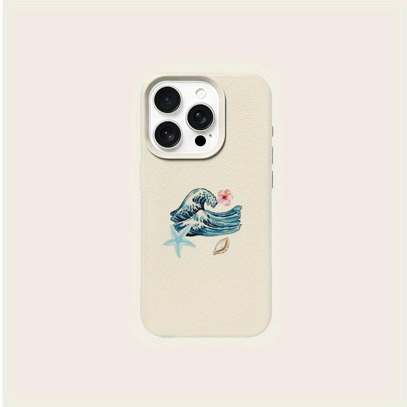 A Phone Case with a Floral Wave Starfish Pattern and Lychee Texture, Suitable for iPhone 17, 16, 15, Plus, Pro, Max Series Phones - Ideal for Gifting