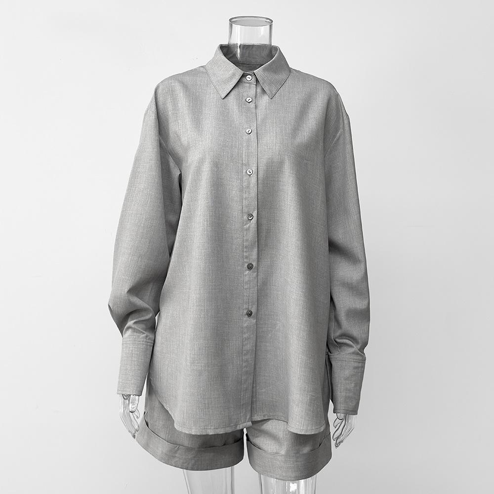 European and American Women's Clothing Spring and Autumn Relaxed Intellectual Fashion Loose Long Sleeve Shirt Shorts 2-piece Set