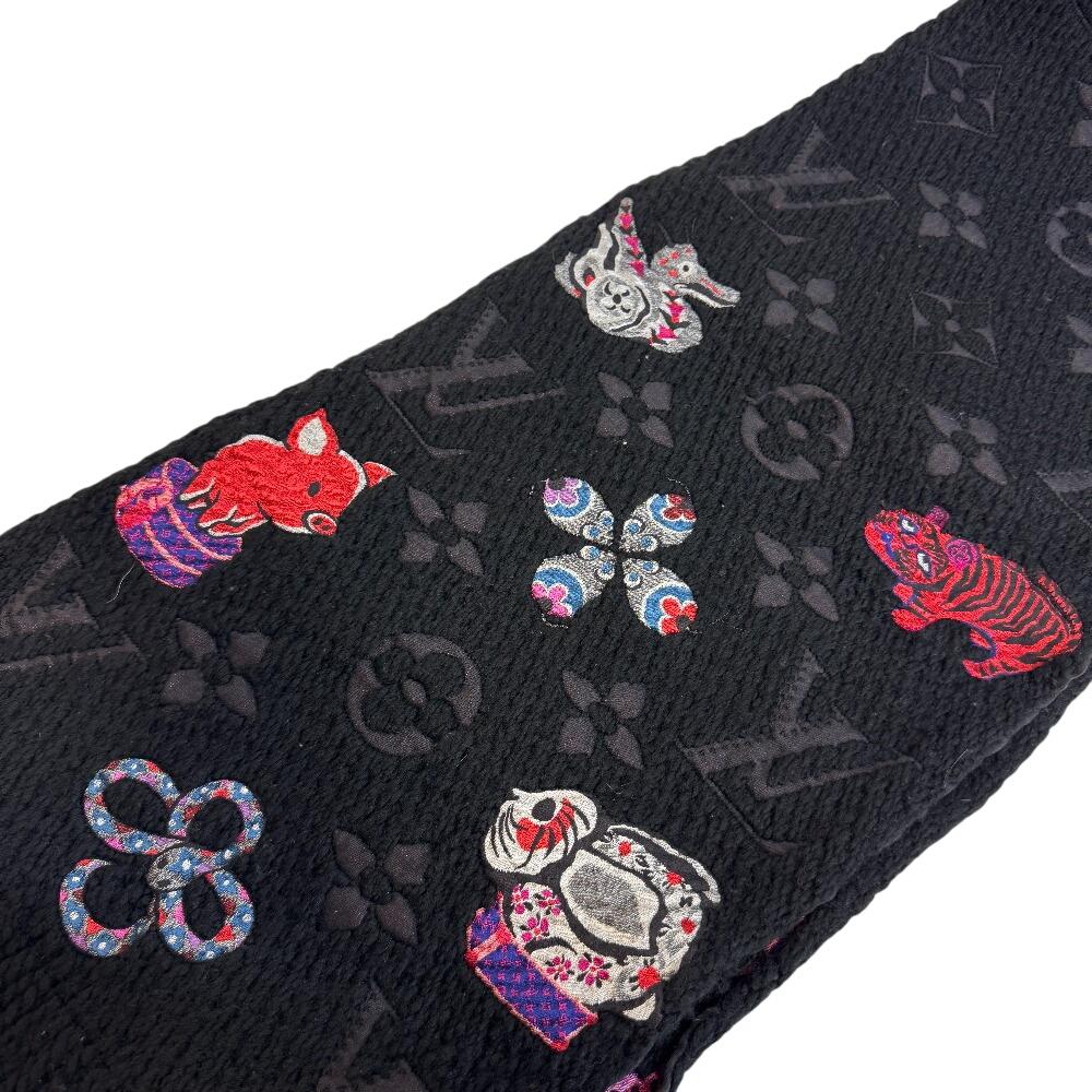 LOUIS VUITTON M71578 Escalp Logo Mania wool Super Station Scarf black wool Women Used