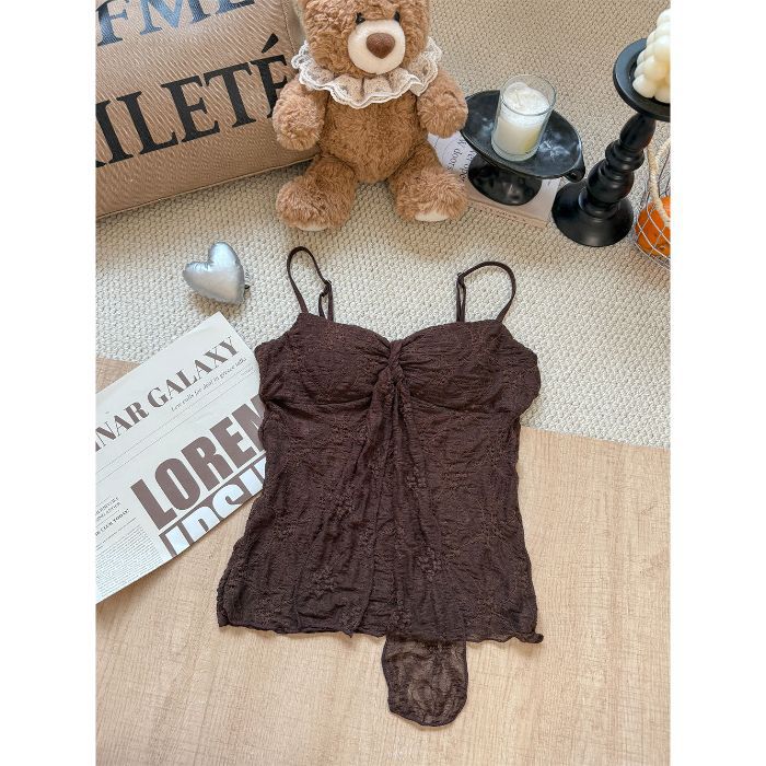 Summer new pure desire style bow lace suspender vest women's design sense slim and thin versatile top