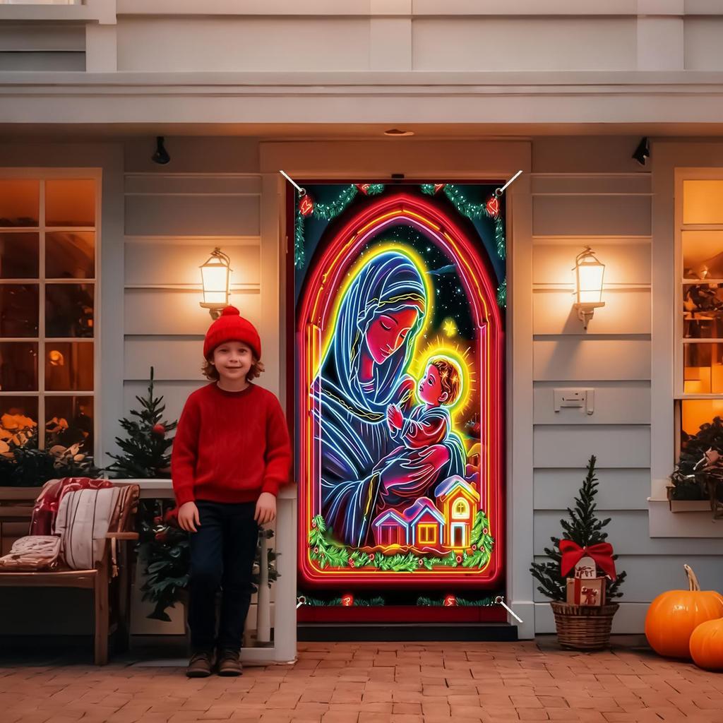 Christmas Front Door Cover 35x71inch Glowing Large Festive Door Covers Holiday Party Banner Decoration For Indoor Outdoor Home