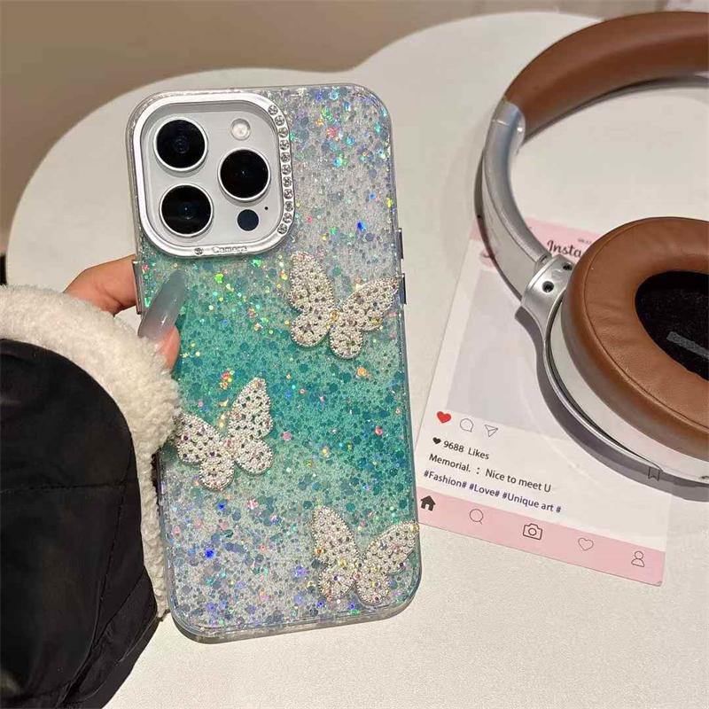 Coque de protection antichoc pour iPhone 16 Pro Max, motif papillon et diamants pailletés, compatible avec iPhone 16, 15, 14, 13, 12, 11 Pro Max Plus