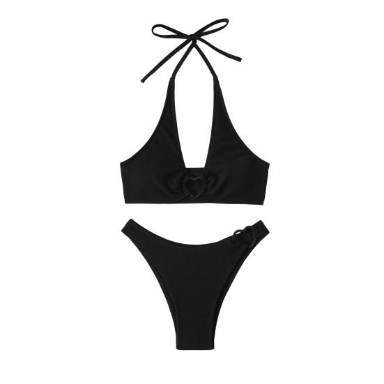 2Pcs/Set Women Bikini Set Halter Adjustable Straps Bra High Waist Hip Covering Bottoms Heart