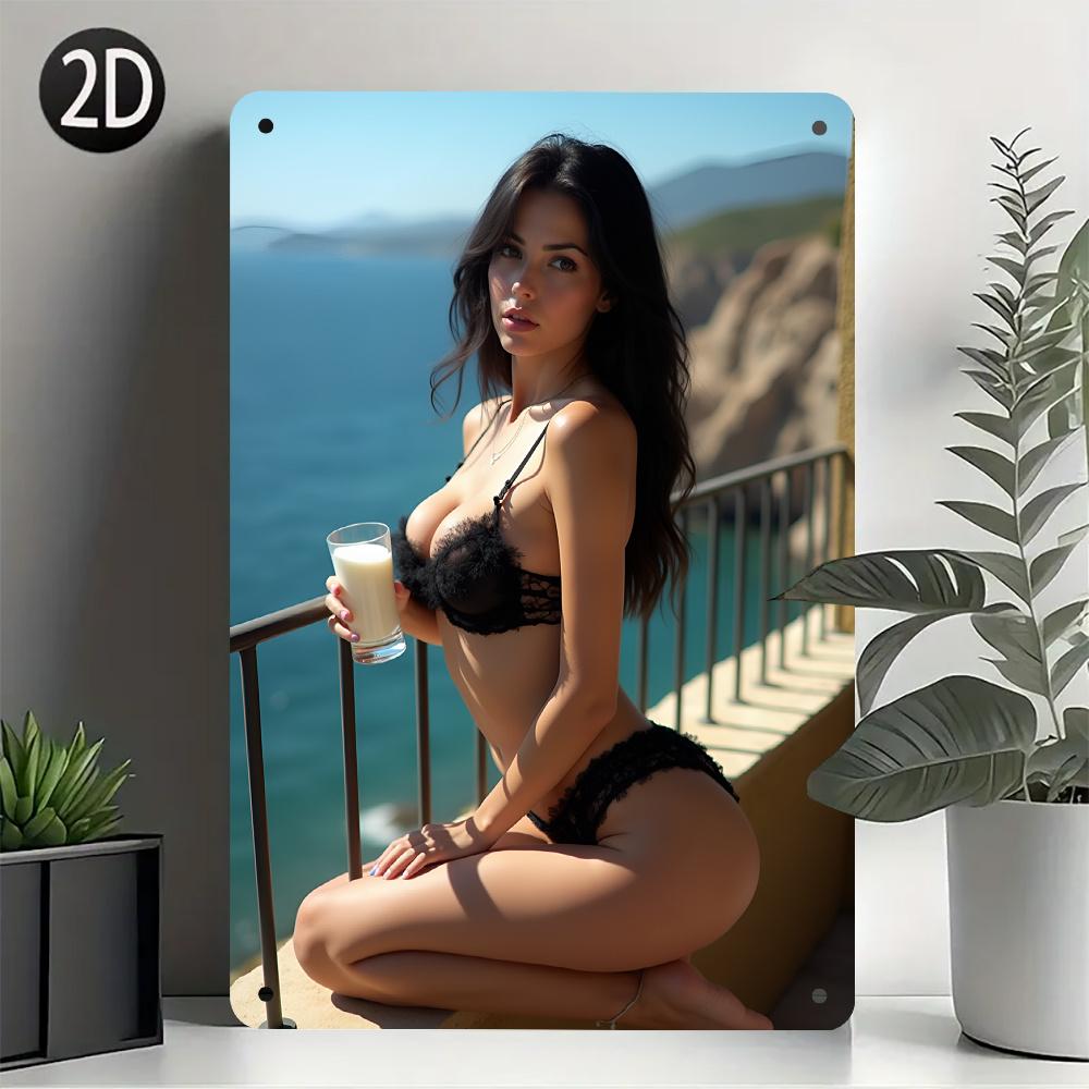 HD Metal Tin Sign Black Lace Lingerie PinUp Girl with Drink at Seaside Balcony Metal Wall Art Decor 20x30cm（7.8x11.8inch）