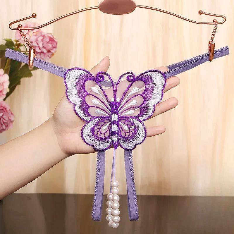 Women Sexy String Butterfly Embroidery Briefs Ultra-Thin Lace Underwear See-Through Low Rise T-Back Open Crotch Underpants