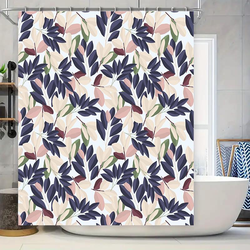 Leaf Pattern Shower Curtain Set Navy Blue Pink Floral Design for Bathroom Decor 90x180cm