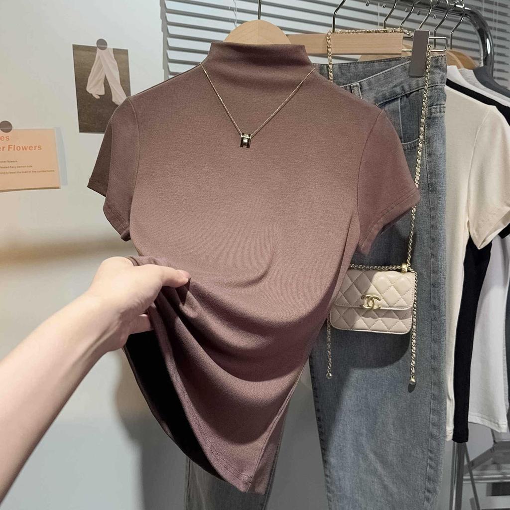 Women's 2024 Summer Fashionable Black T-Shirt: Threaded Half-High Neck, Short Sleeve, Regular Shoulder Base Design