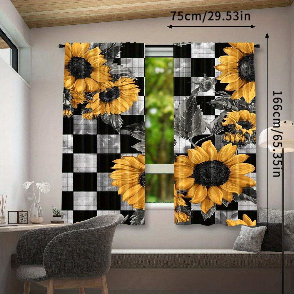 2pcs   Black And White Checkerboard Sunflower Printed Curtains   Curtains Rod Pocket Window Treatment for Bedroom Living Room Kitc