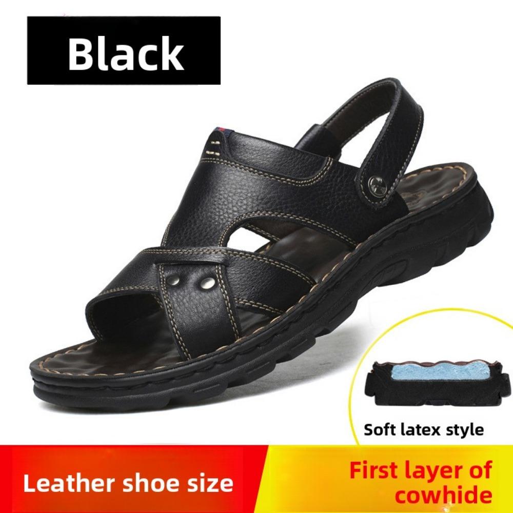 

Мужские летние сандалии из натуральной кожи, пляжная обувь с нескользящей мягкой латексной подошвой для папы, повседневные шлепанцы 44